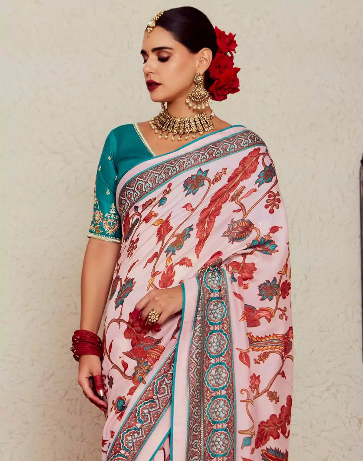 Image of Light Pink Brasso Floral Pattern Saree - South India Shopping Mall