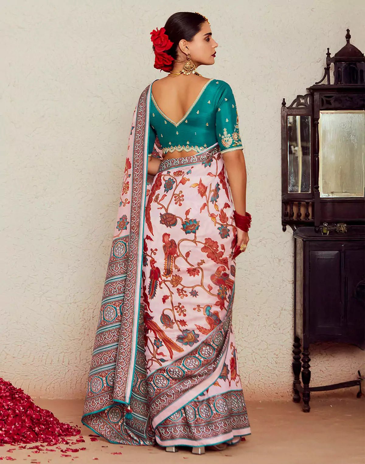 Image of Light Pink Brasso Floral Pattern Saree - South India Shopping Mall