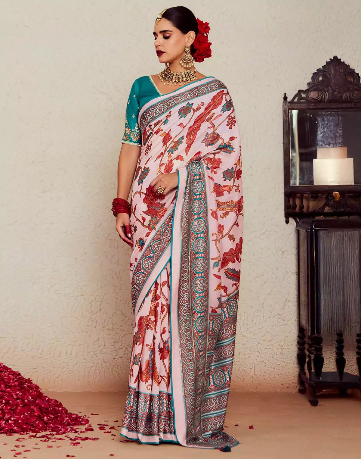 Image of Light Pink Brasso Floral Pattern Saree - South India Shopping Mall