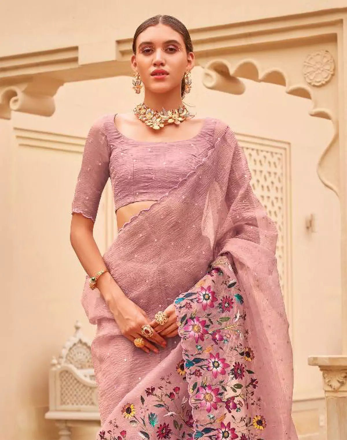 Light Pink Digital Floral Print With Embellished Work Organza Saree - South India Shopping Mall
