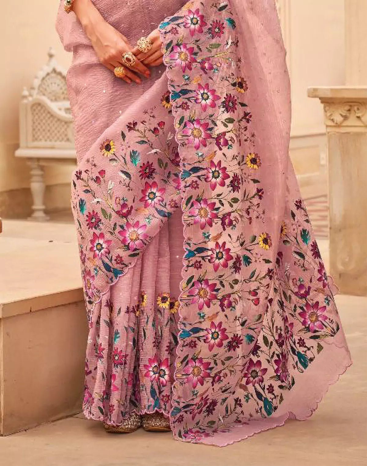 Image of Light Pink Digital Floral Print With Embellished Work Organza Saree - South India Shopping Mall