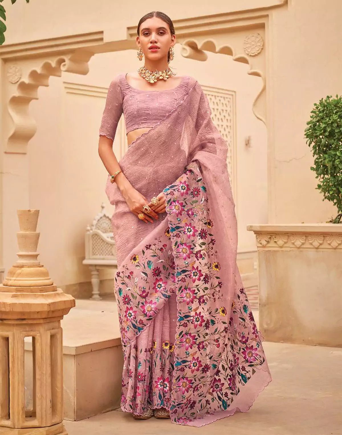 Image of Light Pink Digital Floral Print With Embellished Work Organza Saree - South India Shopping Mall