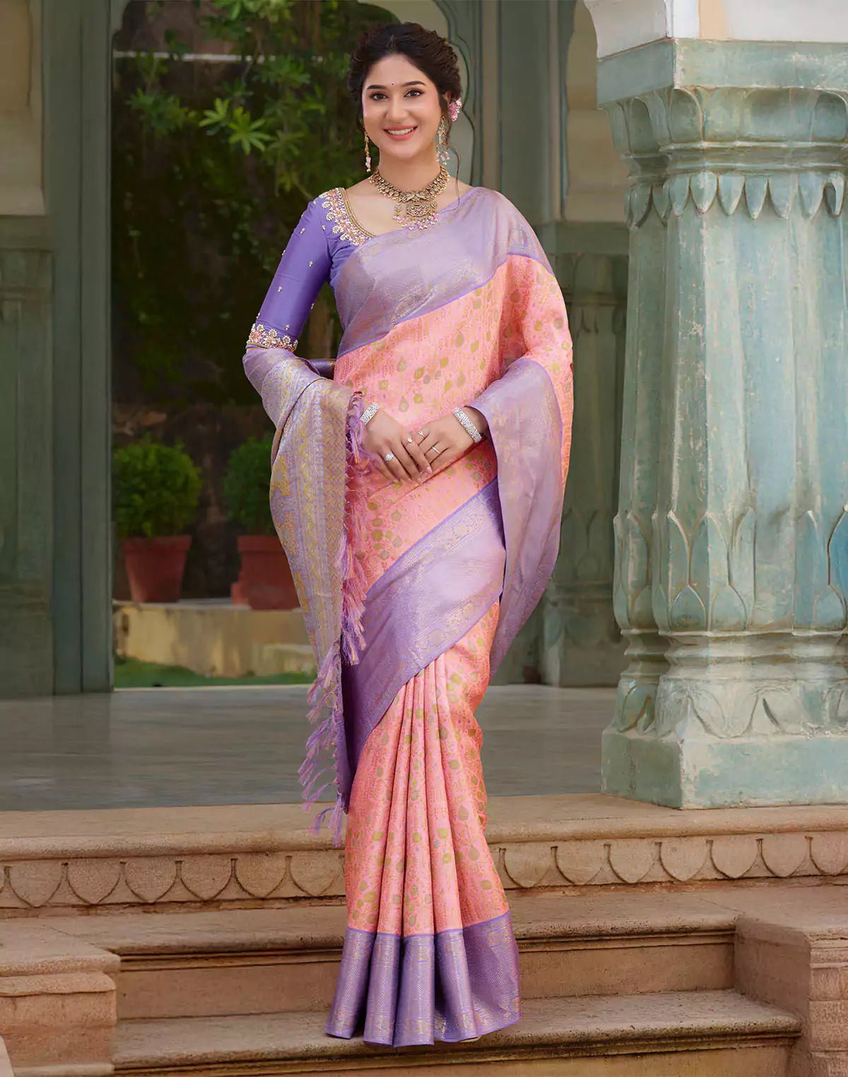 Light Pink Floral Kanchipuram Pure Silk Saree With Contrast Skut Border - South India Shopping Mall