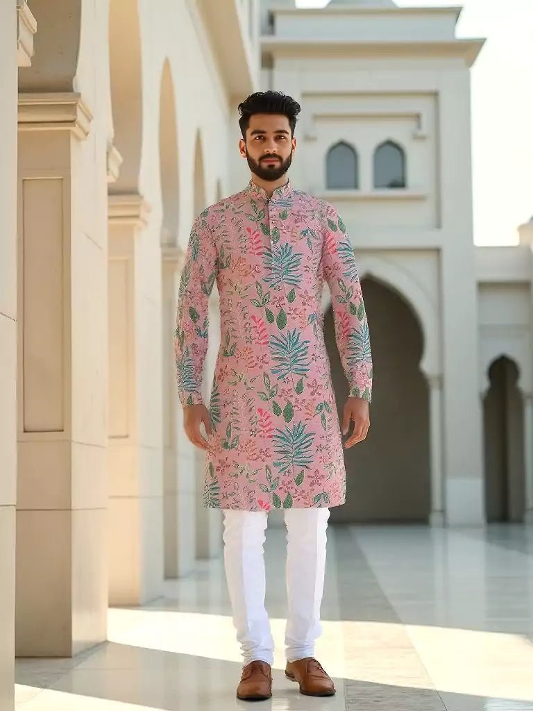 Image of Light Pink Floral Print Soft Silk Kurta - South India Shopping Mall