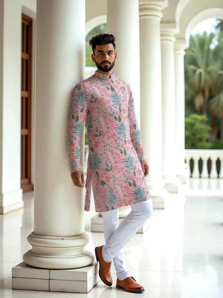 Image of Light Pink Floral Print Soft Silk Kurta - South India Shopping Mall
