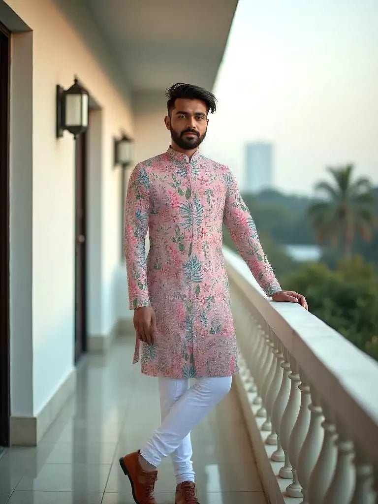 Image of Light Pink Floral Print Soft Silk Kurta - South India Shopping Mall