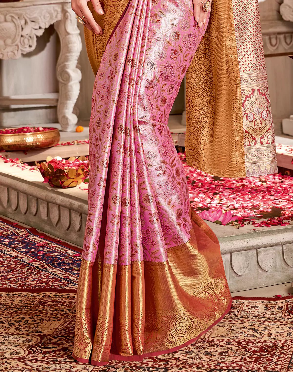 Image of Light Pink Floral Tissue Jaal Semi Silk Fancy Saree - South India Shopping Mall