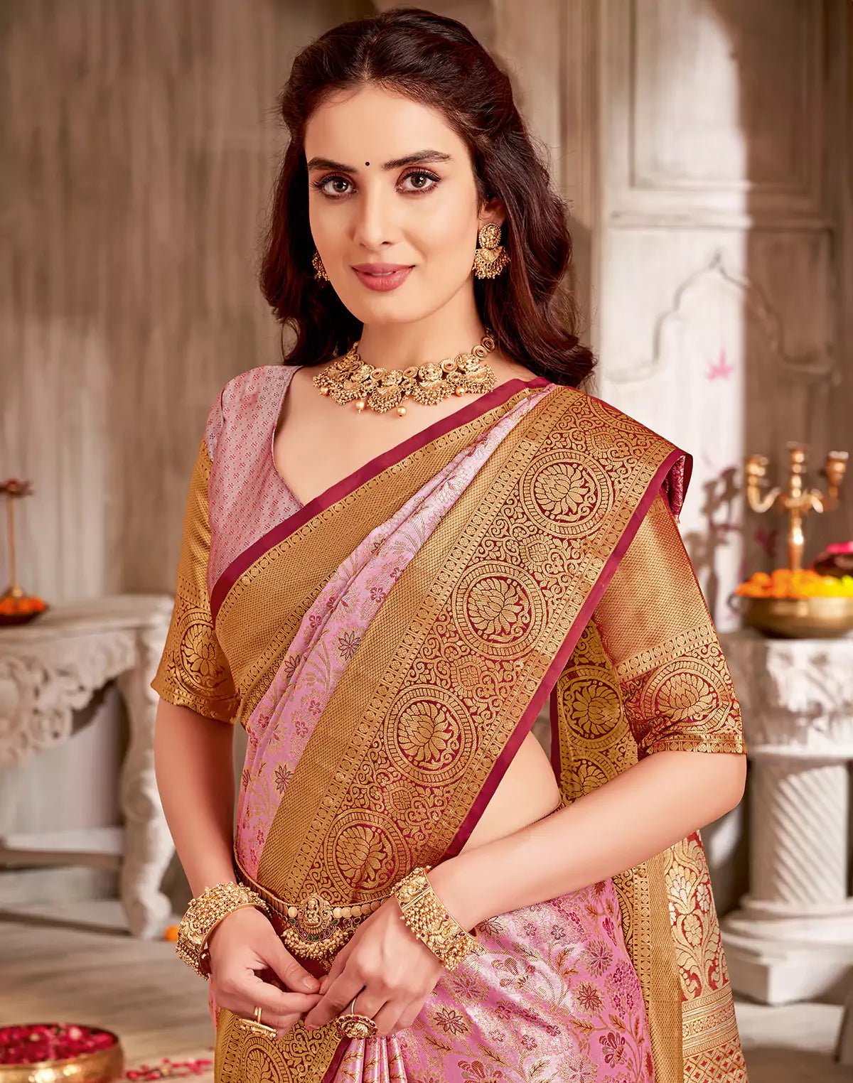 Image of Light Pink Floral Tissue Jaal Semi Silk Fancy Saree - South India Shopping Mall