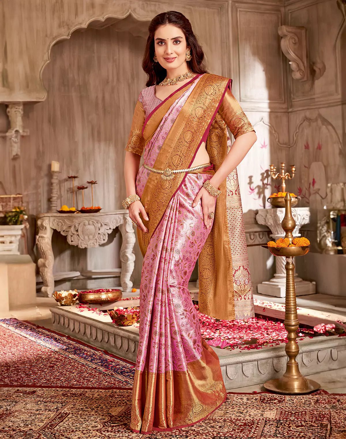 Light Pink Floral Tissue Jaal Semi Silk Fancy Saree - South India Shopping Mall