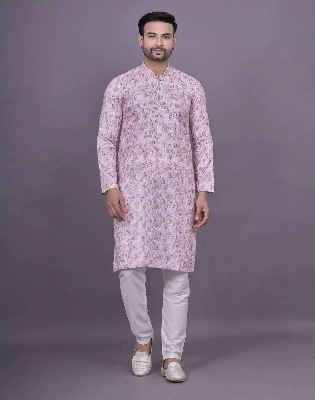 Image of Light Pink Graphic Design Embellished work Cotton Kurta Set - South India Shopping Mall