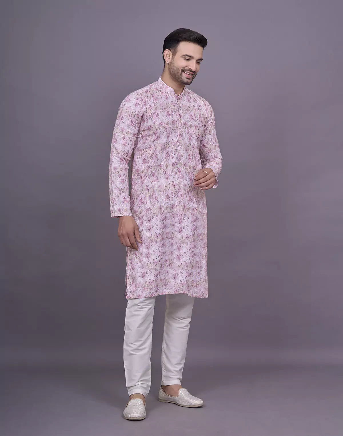 Image of Light Pink Graphic Design Embellished work Cotton Kurta Set - South India Shopping Mall