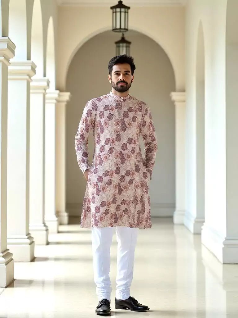 Image of Light Pink Mica Print Floral Design Cotton Silk Kurta - South India Shopping Mall