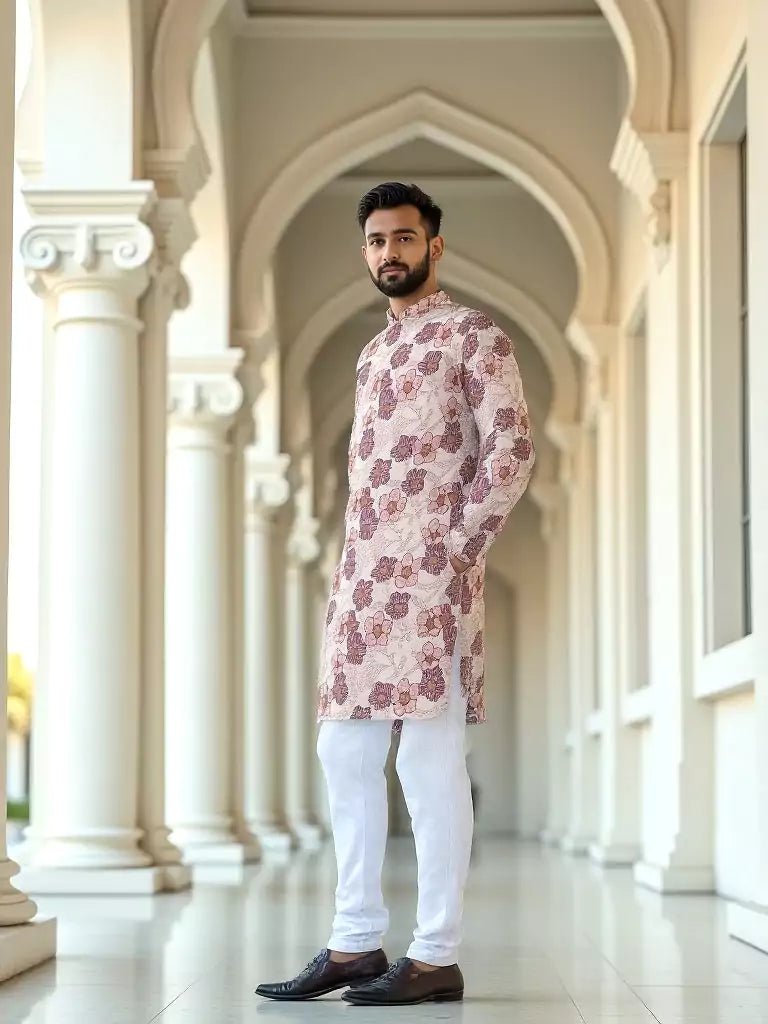 Image of Light Pink Mica Print Floral Design Cotton Silk Kurta - South India Shopping Mall