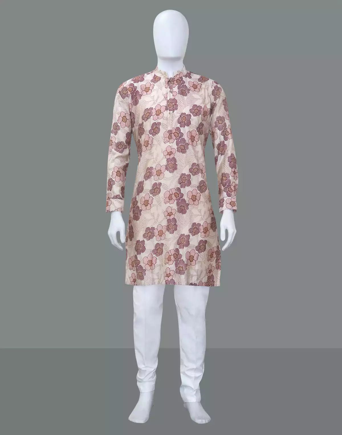Image of Light Pink Mica Print Floral Design Cotton Silk Kurta - South India Shopping Mall