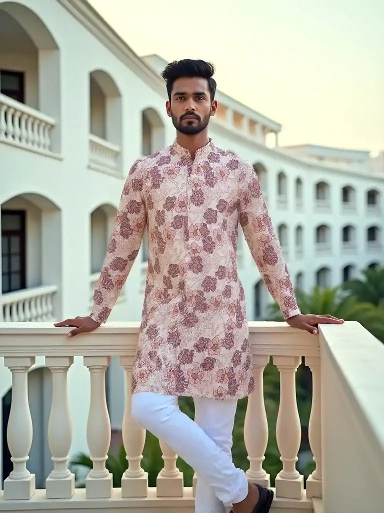Image of Light Pink Mica Print Floral Design Cotton Silk Kurta - South India Shopping Mall
