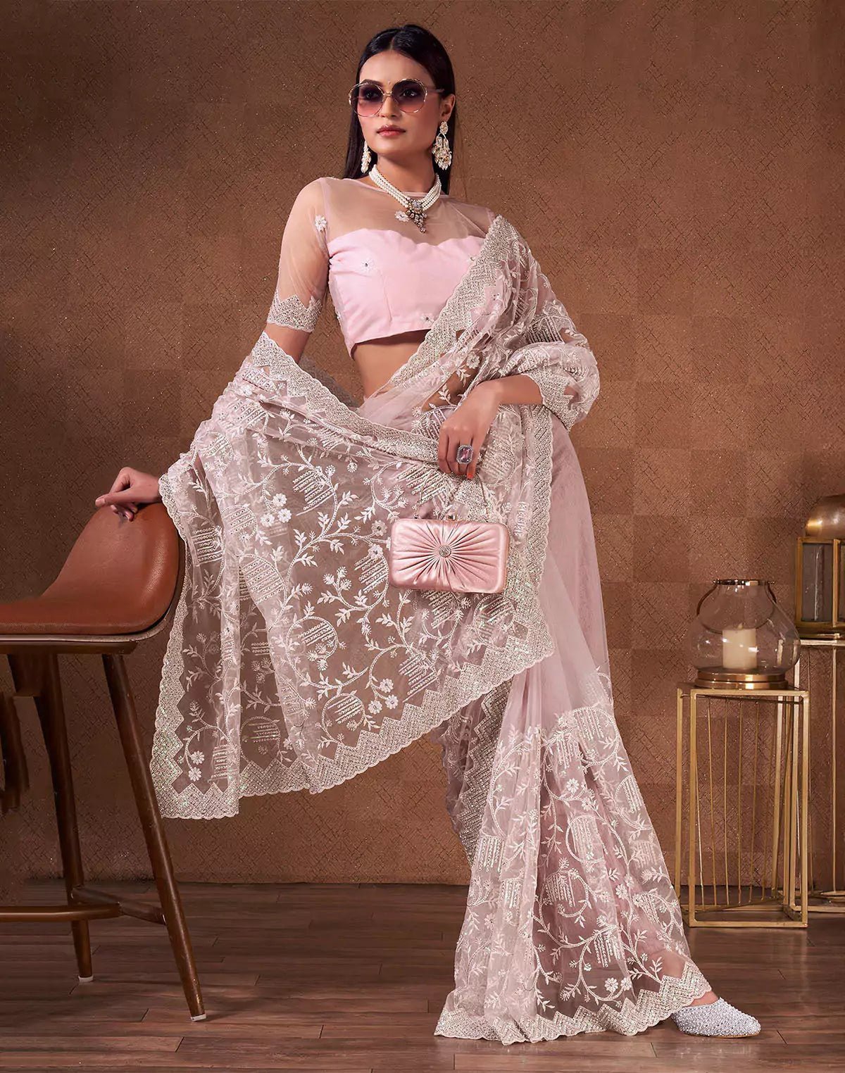 Image of Light Pink Netted Sequence With Embroidery Work Netted Saree - South India Shopping Mall