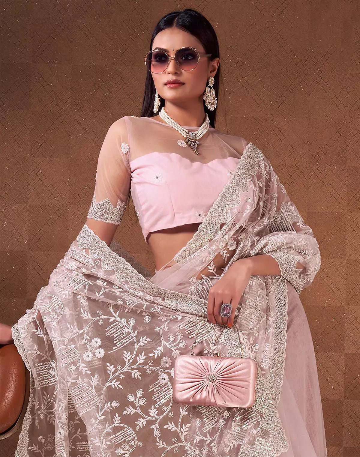 Image of Light Pink Netted Sequence With Embroidery Work Netted Saree - South India Shopping Mall