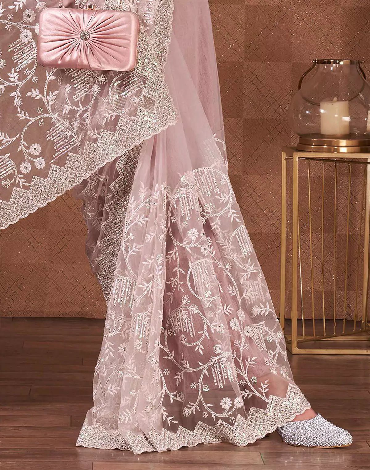 Image of Light Pink Netted Sequence With Embroidery Work Netted Saree - South India Shopping Mall