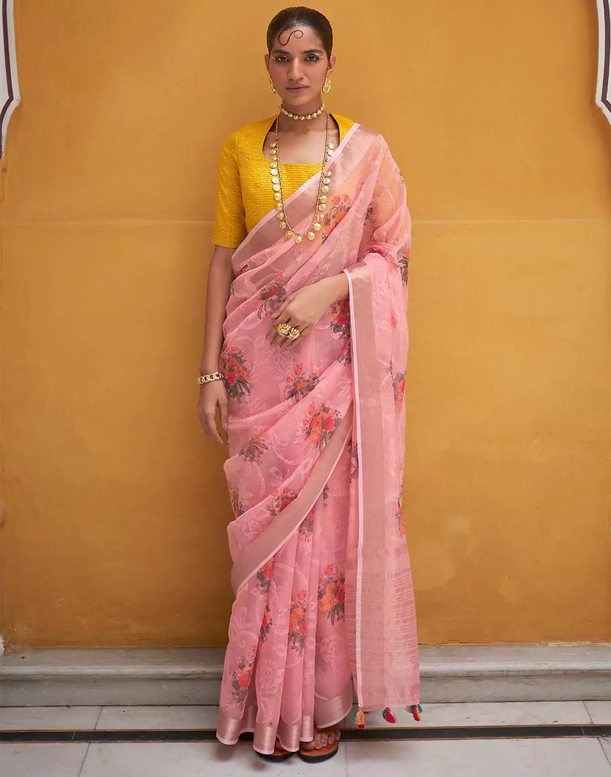 Light Pink Organza Floral Print Designer Saree - South India Shopping Mall