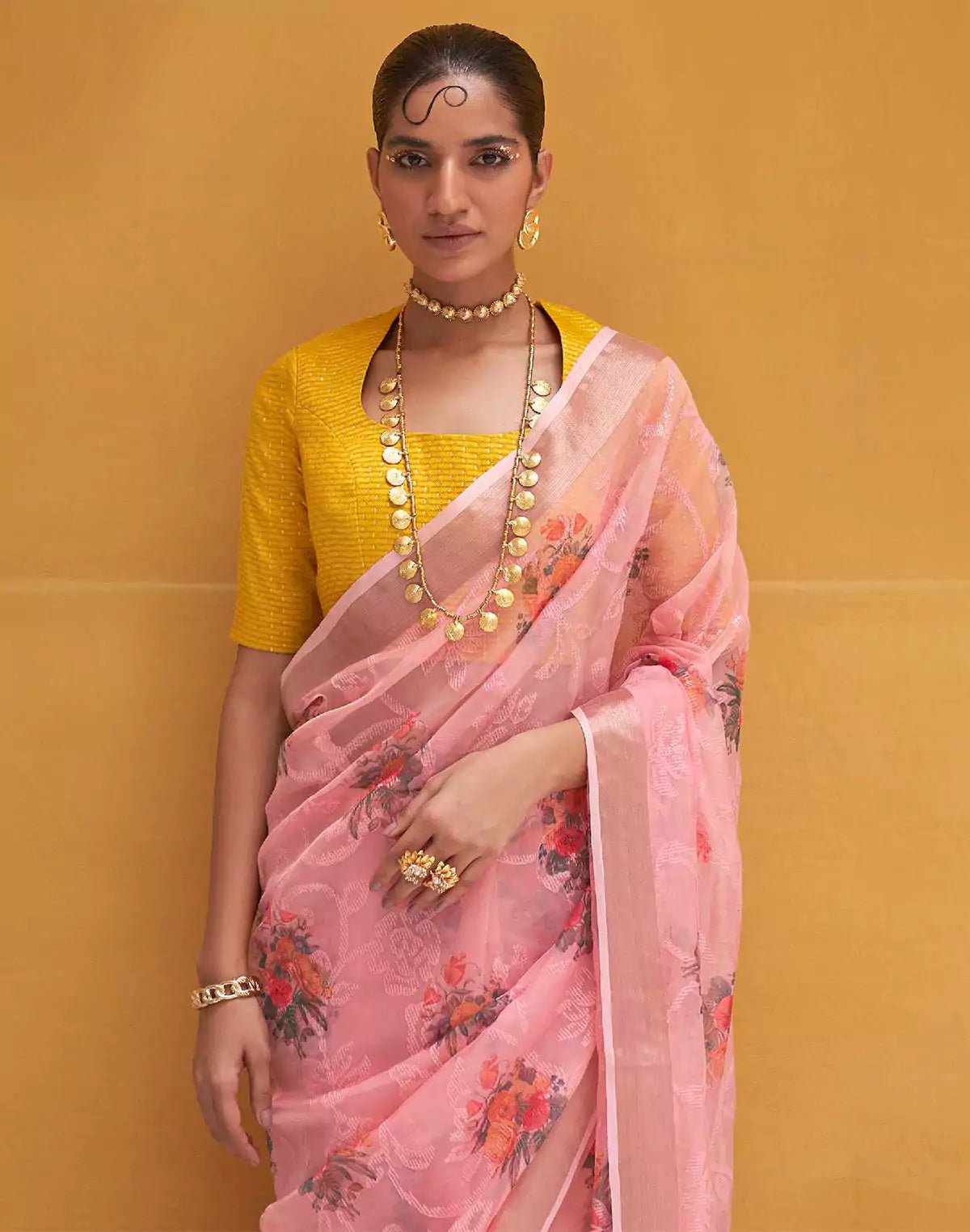 Light Pink Organza Floral Print Designer Saree - South India Shopping Mall