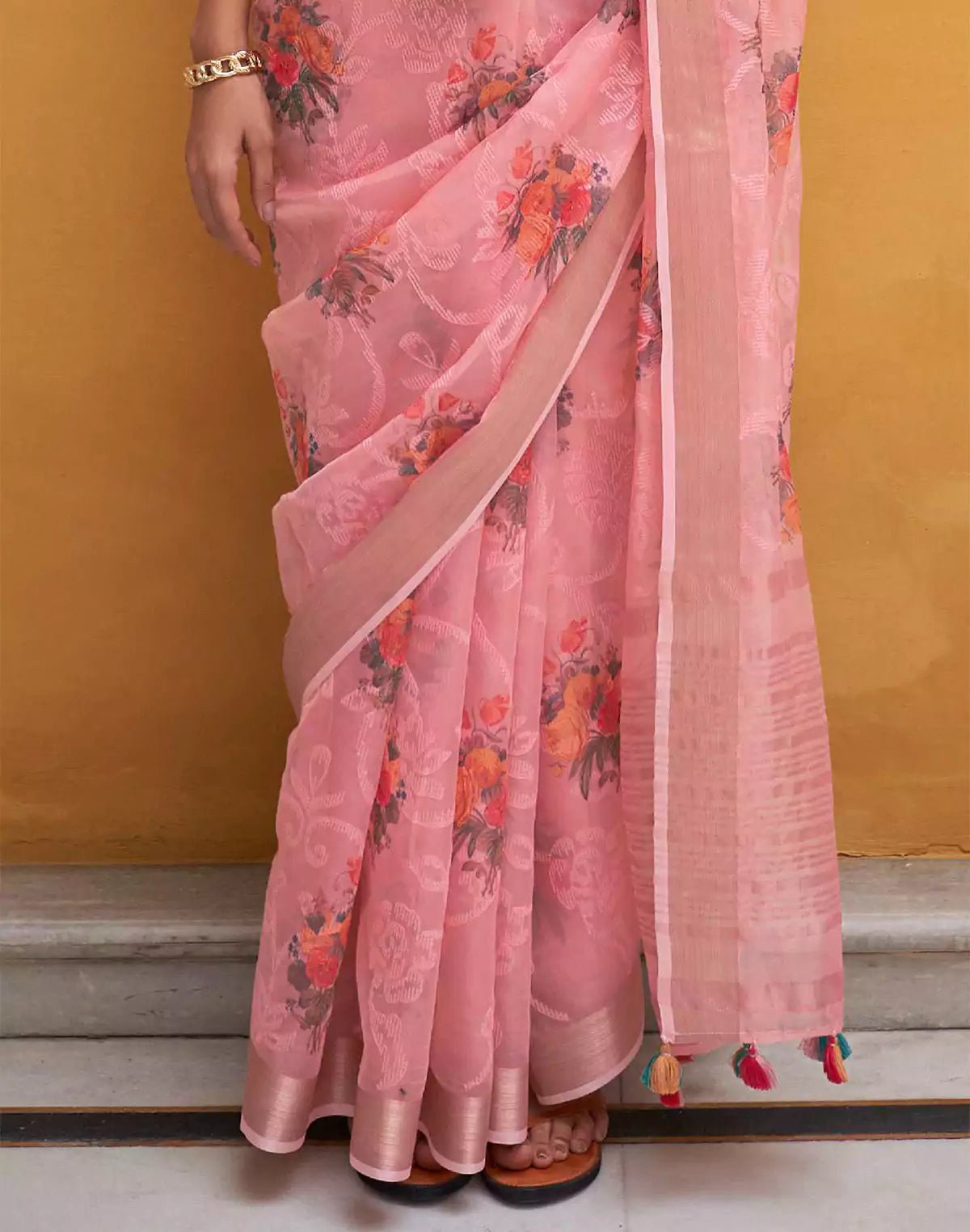 Image of Light Pink Organza Floral Print Designer Saree - South India Shopping Mall
