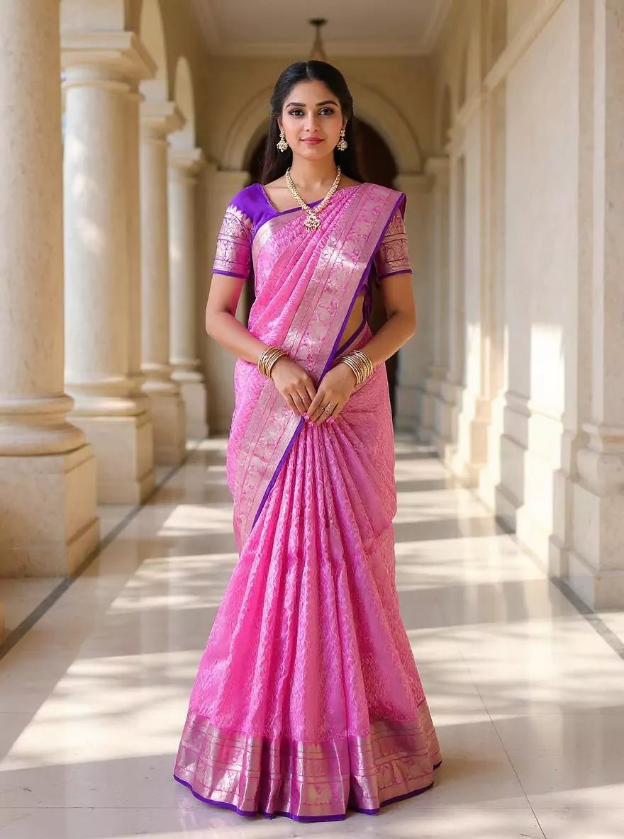 Image of Light Pink Paisely Pattern Silver Zari Contrast Border Kanchi Pattu Saree - South India Shopping Mall
