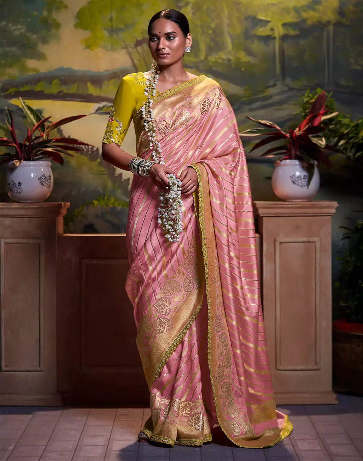 Image of Light Pink Pure Dola Silk Saree With Fancy Lace Border and Embroidery Work Blouse - South India Shopping Mall