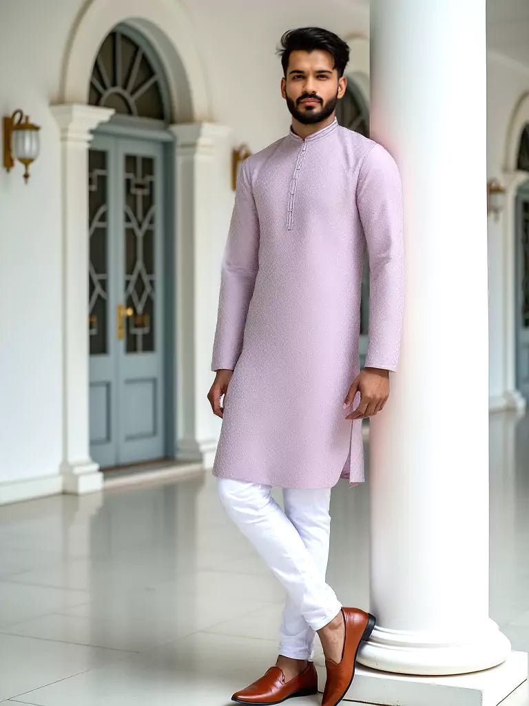 Image of Light Pink Self Design Raw Silk Kurta Pyjama Set - South India Shopping Mall