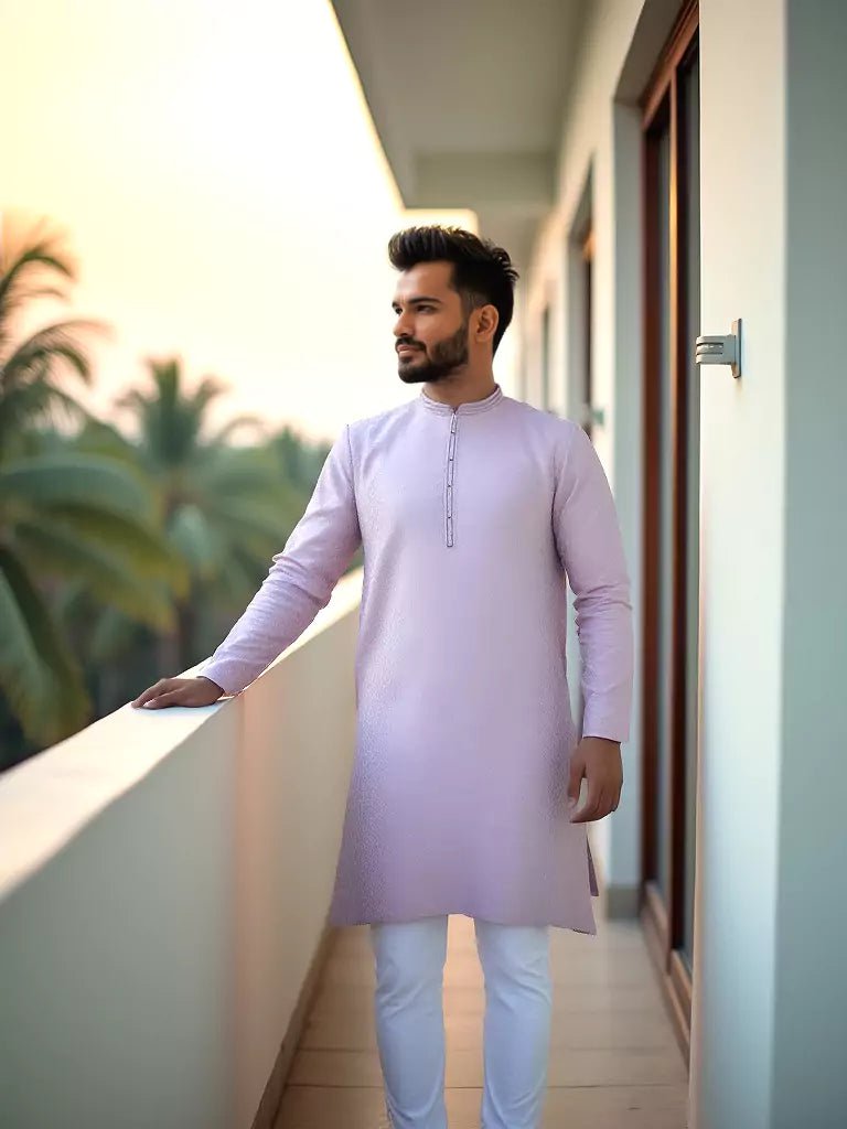 Image of Light Pink Self Design Raw Silk Kurta Pyjama Set - South India Shopping Mall
