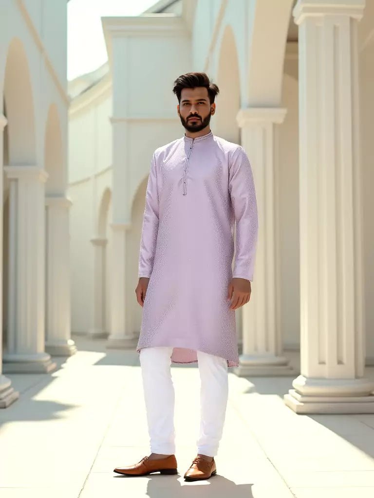 Image of Light Pink Self Design Raw Silk Kurta Pyjama Set - South India Shopping Mall