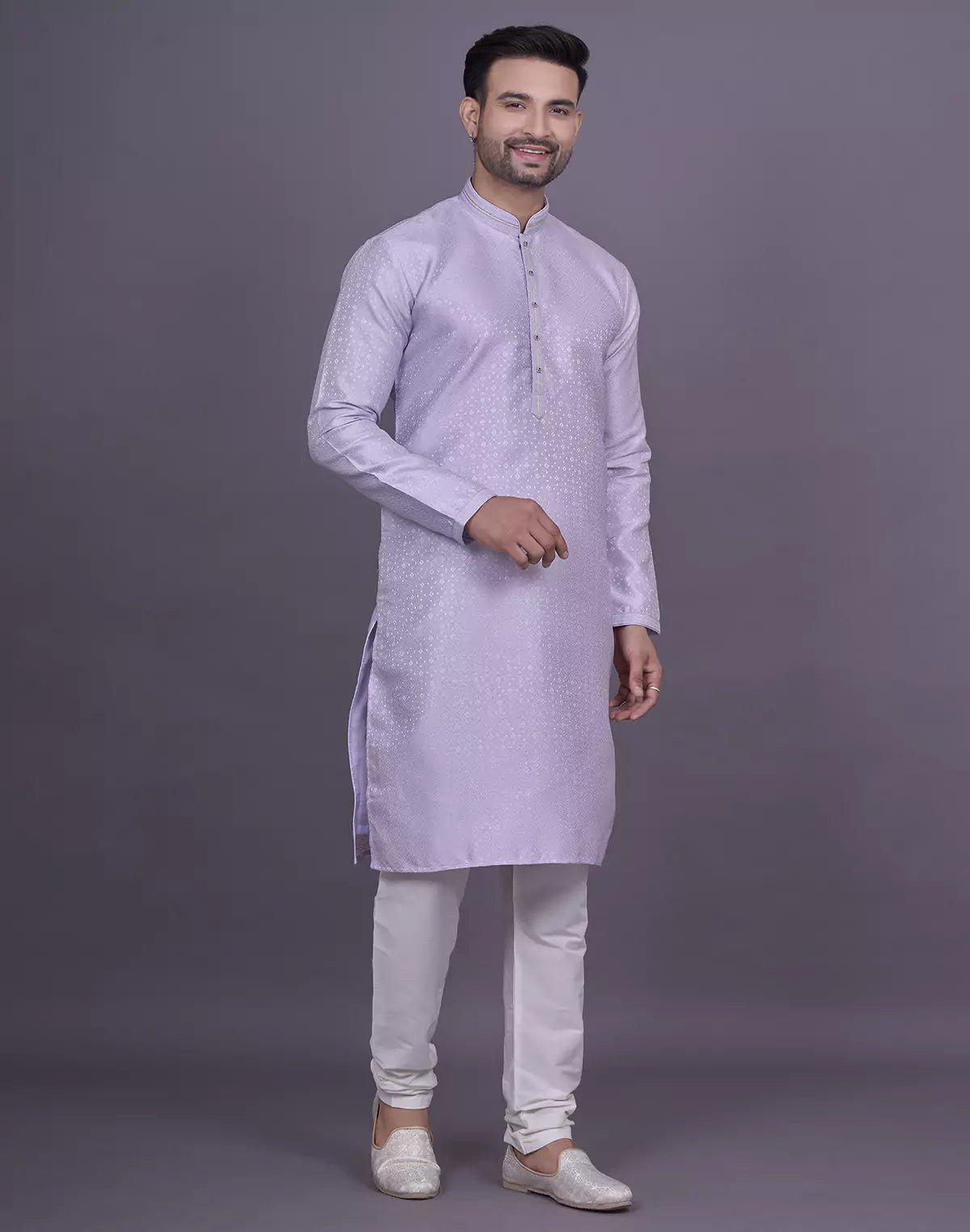 Image of Light Pink Self Geometric Design Jacquard Kurta Pajama - South India Shopping Mall
