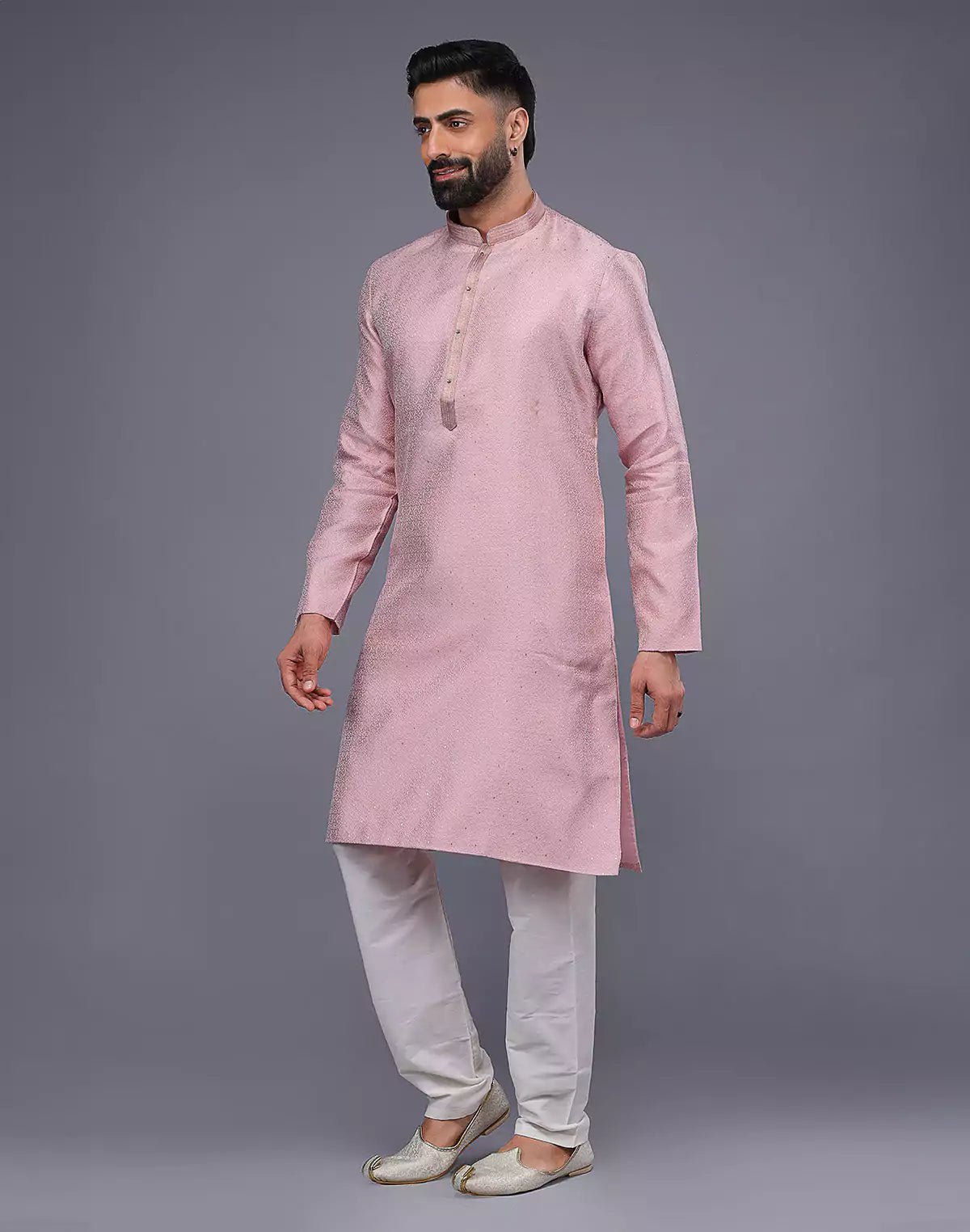 Image of Light Pink Soft Silk Self Design Kurta Pyjama Set - South India Shopping Mall