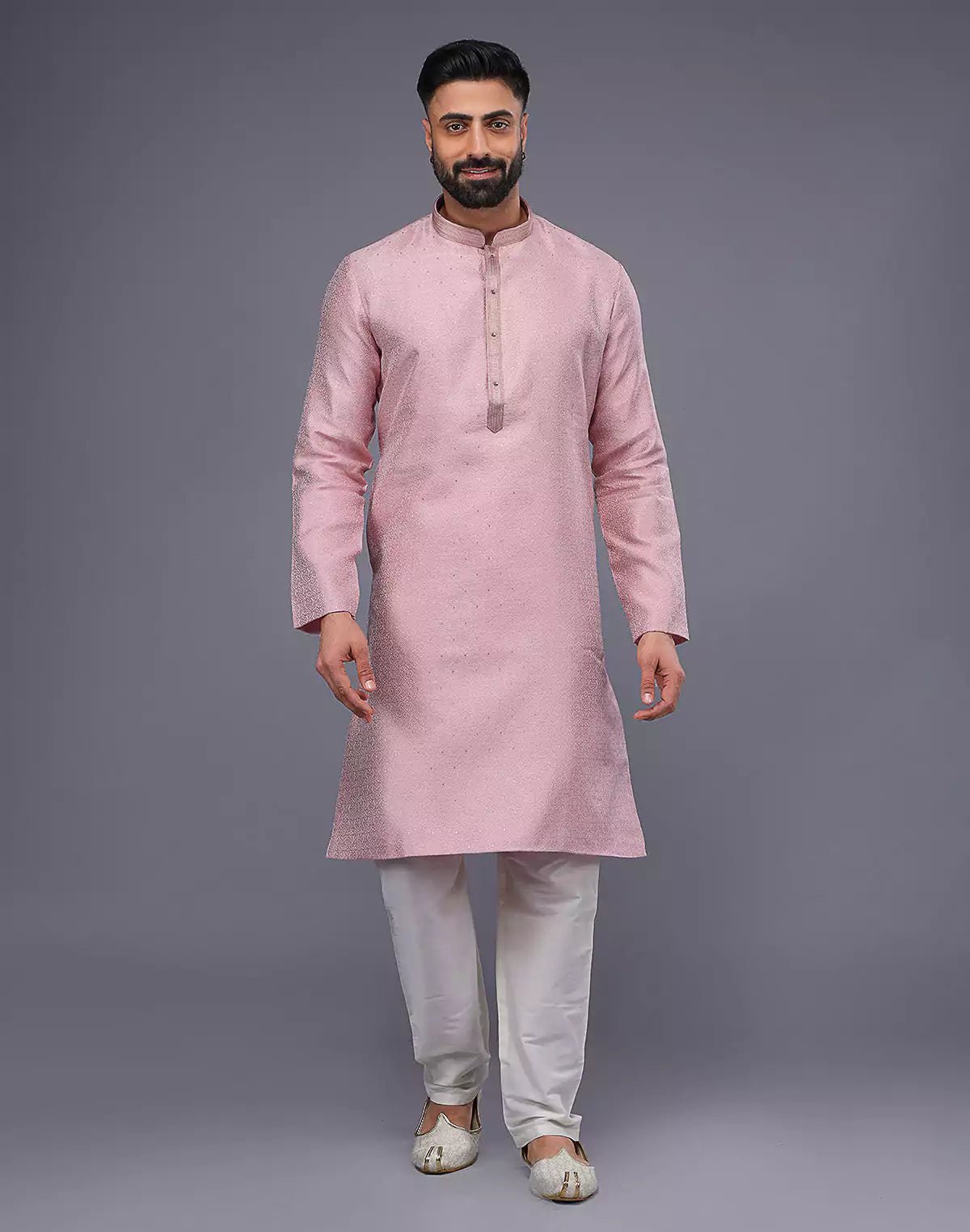Image of Light Pink Soft Silk Self Design Kurta Pyjama Set - South India Shopping Mall
