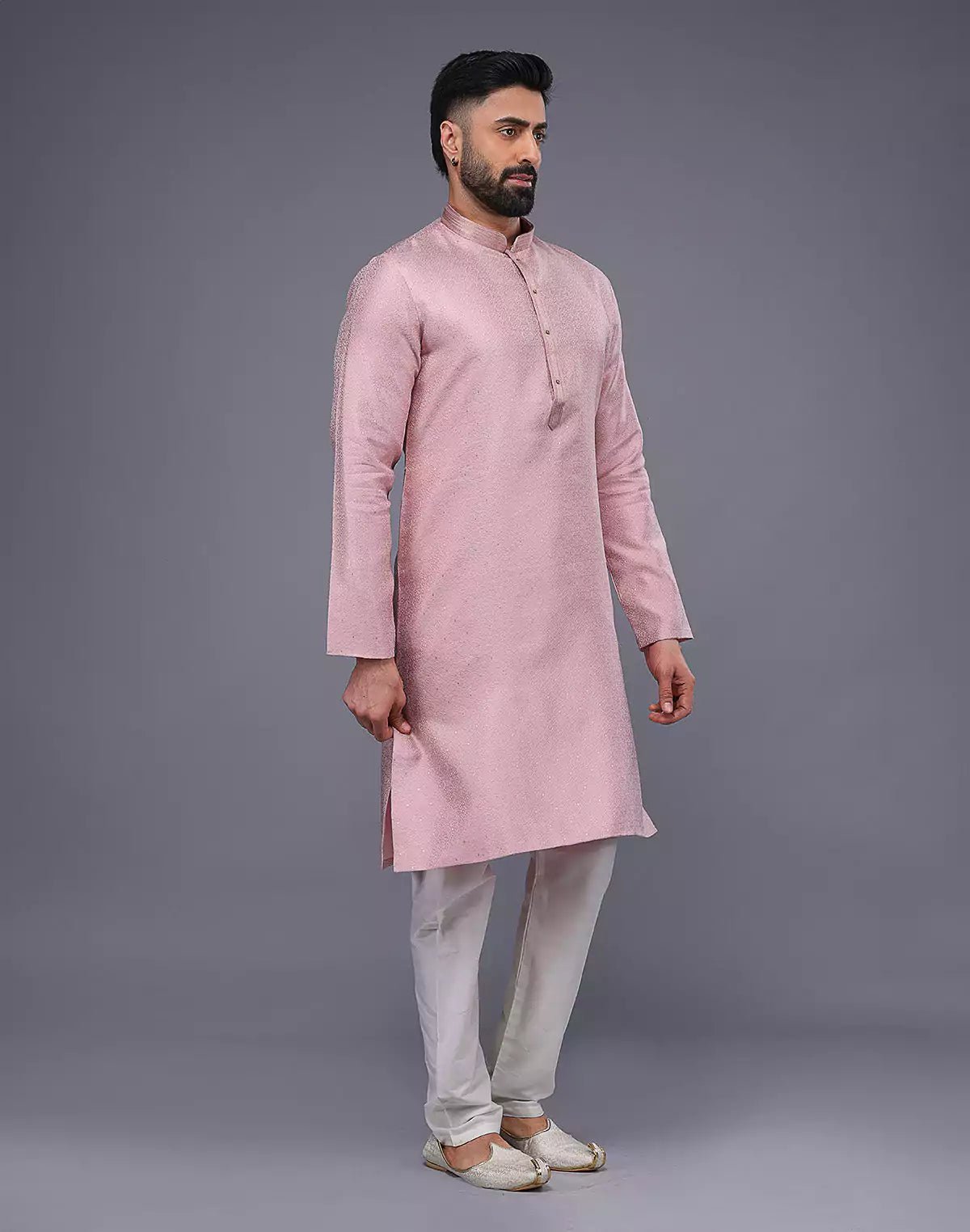 Image of Light Pink Soft Silk Self Design Kurta Pyjama Set - South India Shopping Mall