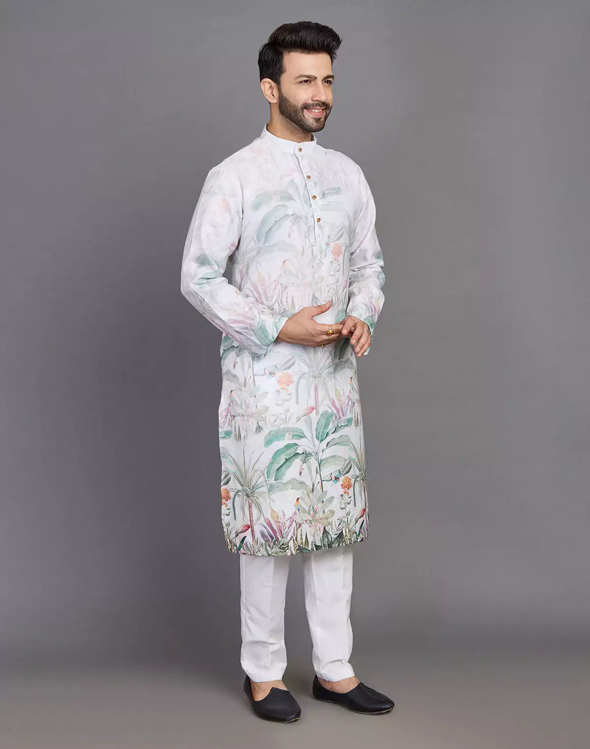 Image of Light Pista All Over Floral Printed Cotton Kurta - South India Shopping Mall