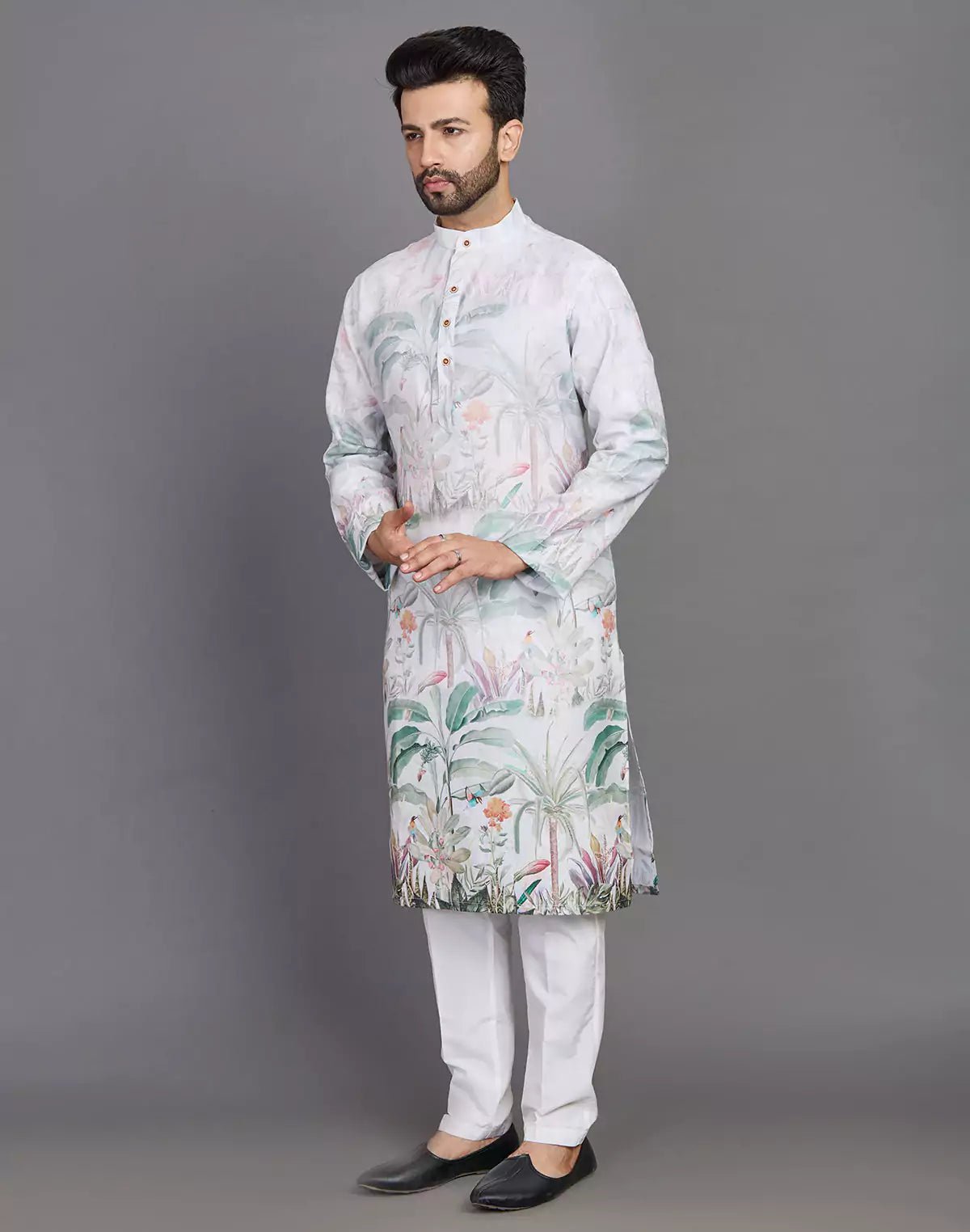 Image of Light Pista All Over Floral Printed Cotton Kurta - South India Shopping Mall