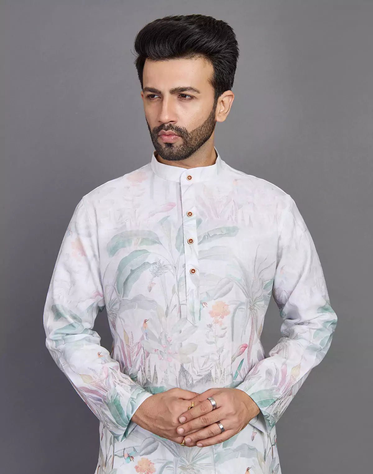Image of Light Pista All Over Floral Printed Cotton Kurta - South India Shopping Mall