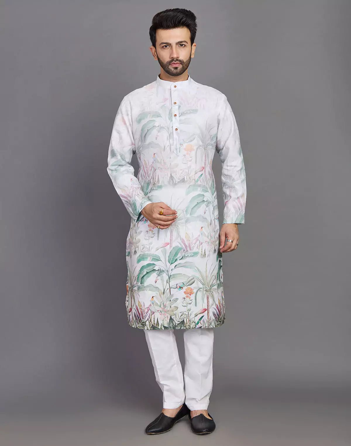Image of Light Pista All Over Floral Printed Cotton Kurta - South India Shopping Mall