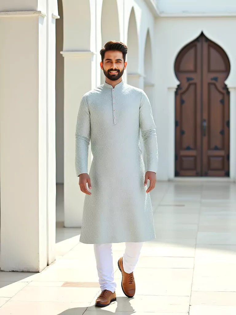 Image of Light Pista All Over Self Geometric Pattern Thread Work Raw Silk Kurta Pyjama Set - South India Shopping Mall