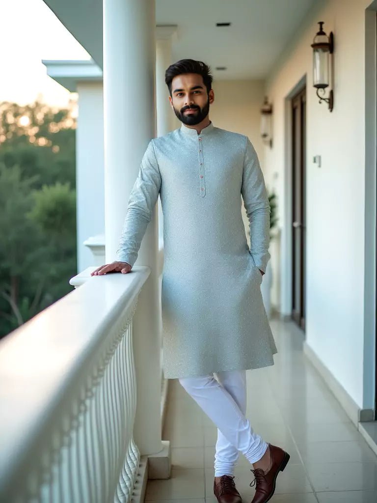 Image of Light Pista All Over Self Geometric Pattern Thread Work Raw Silk Kurta Pyjama Set - South India Shopping Mall