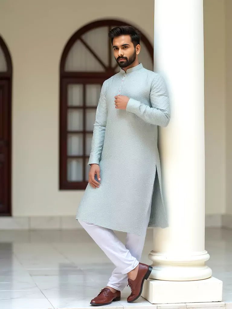 Image of Light Pista All Over Self Geometric Pattern Thread Work Raw Silk Kurta Pyjama Set - South India Shopping Mall