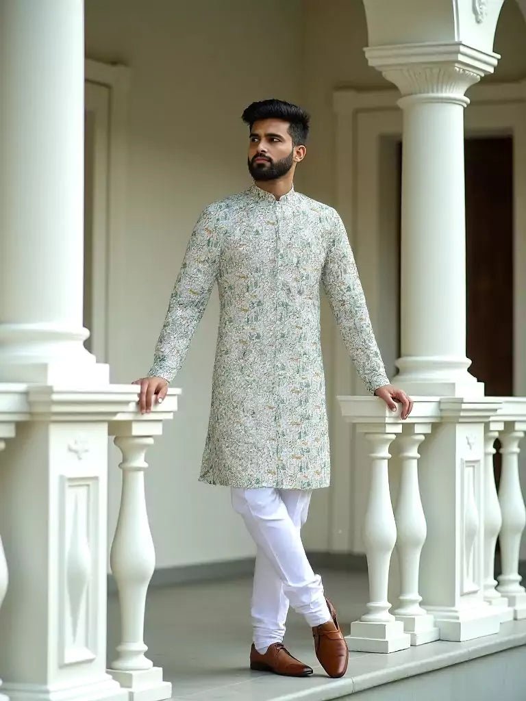 Image of Light Pista Animal with Floral Printed Cotton Kurta - South India Shopping Mall