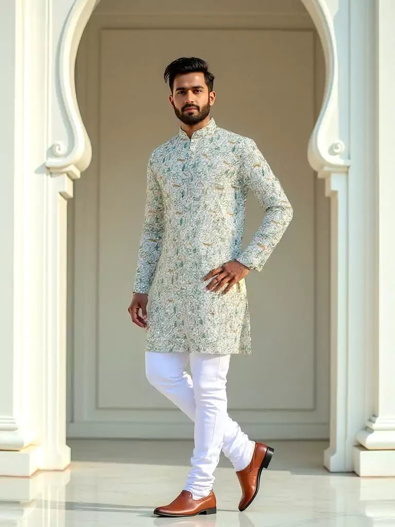Image of Light Pista Animal with Floral Printed Cotton Kurta - South India Shopping Mall