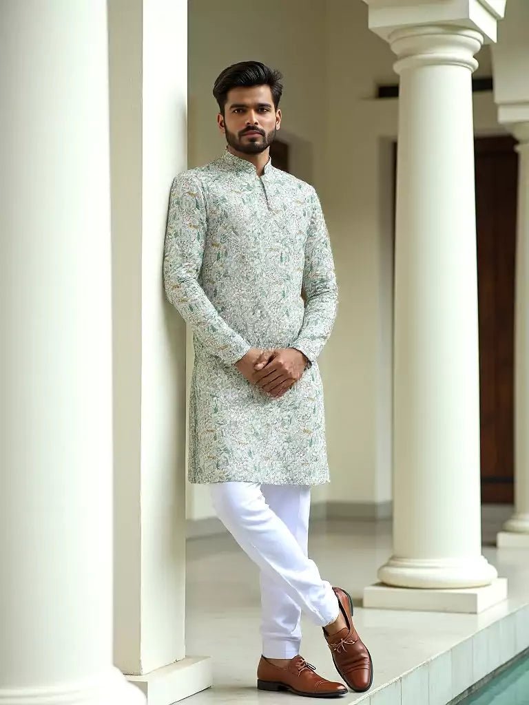 Image of Light Pista Animal with Floral Printed Cotton Kurta - South India Shopping Mall