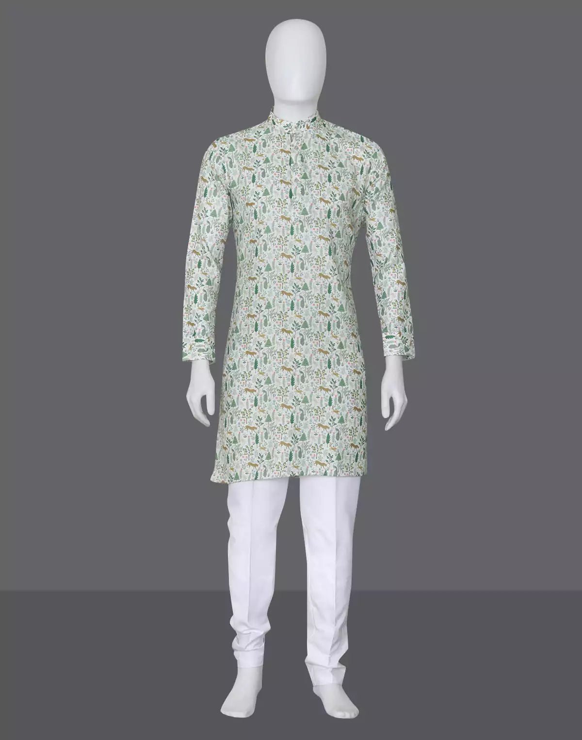 Image of Light Pista Animal with Floral Printed Cotton Kurta - South India Shopping Mall