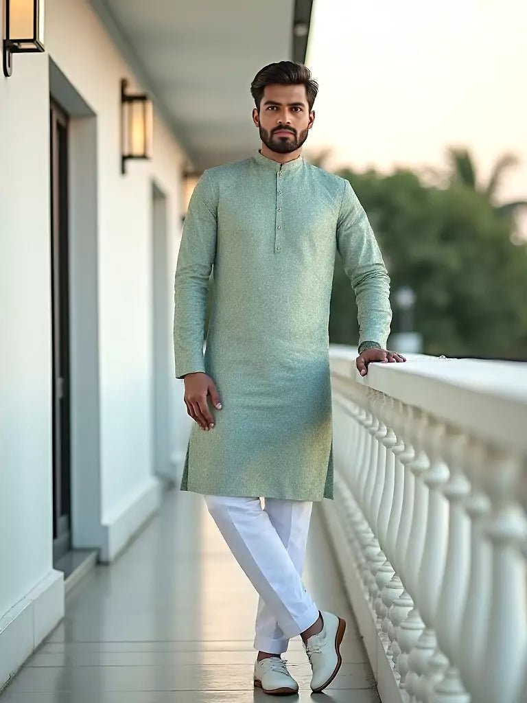 Image of Light Pista Coloured Embellished work Self Design Jacquard Kurta Set - South India Shopping Mall