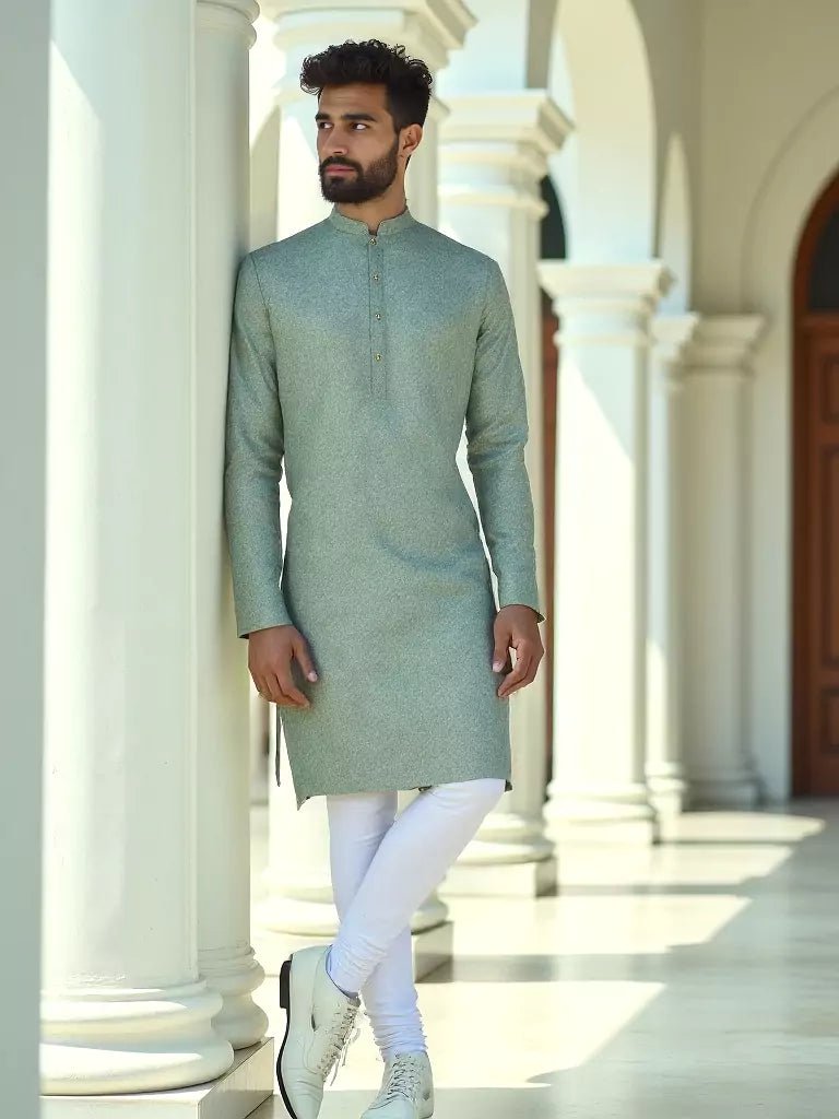 Image of Light Pista Coloured Embellished work Self Design Jacquard Kurta Set - South India Shopping Mall