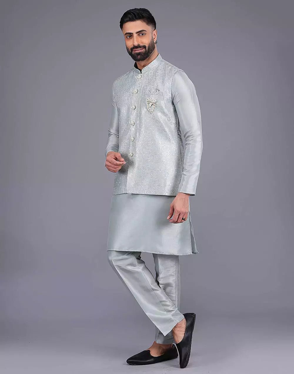 Image of Light Pista Coloured Heavy Sequence Work Raw Silk Kurta Jacket - South India Shopping Mall