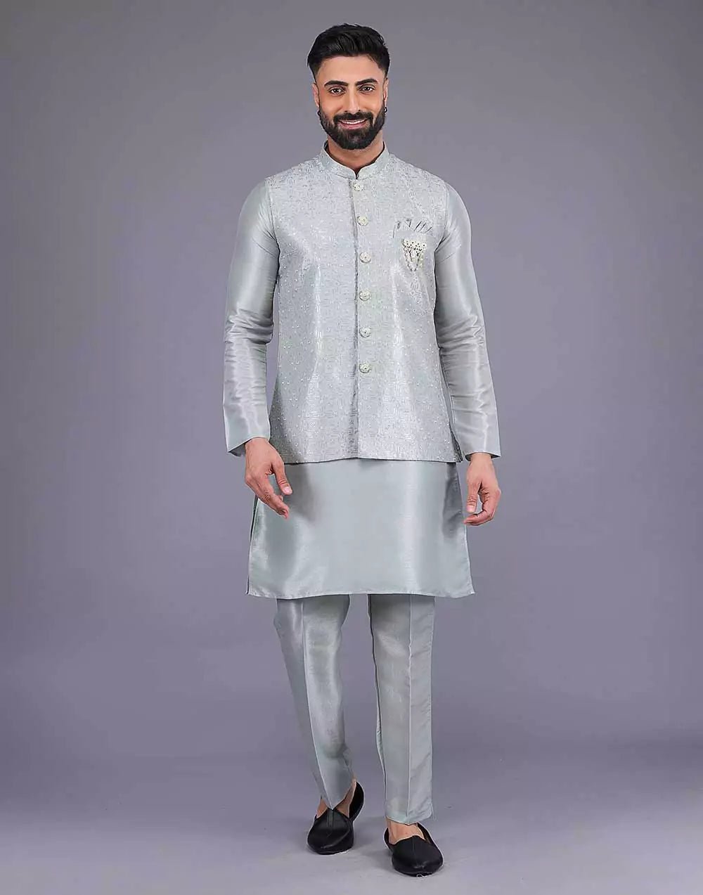 Image of Light Pista Coloured Heavy Sequence Work Raw Silk Kurta Jacket - South India Shopping Mall