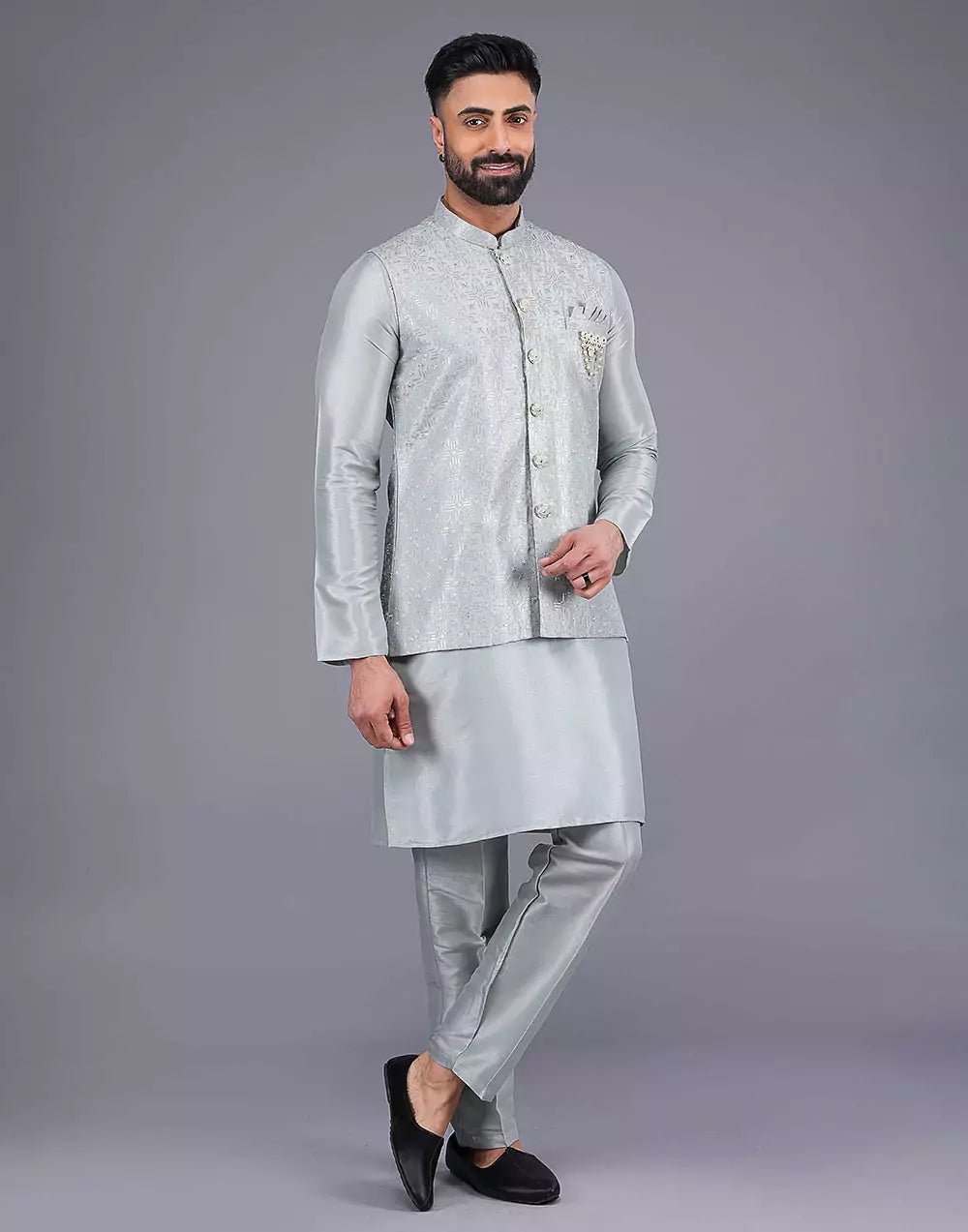 Image of Light Pista Coloured Heavy Sequence Work Raw Silk Kurta Jacket - South India Shopping Mall